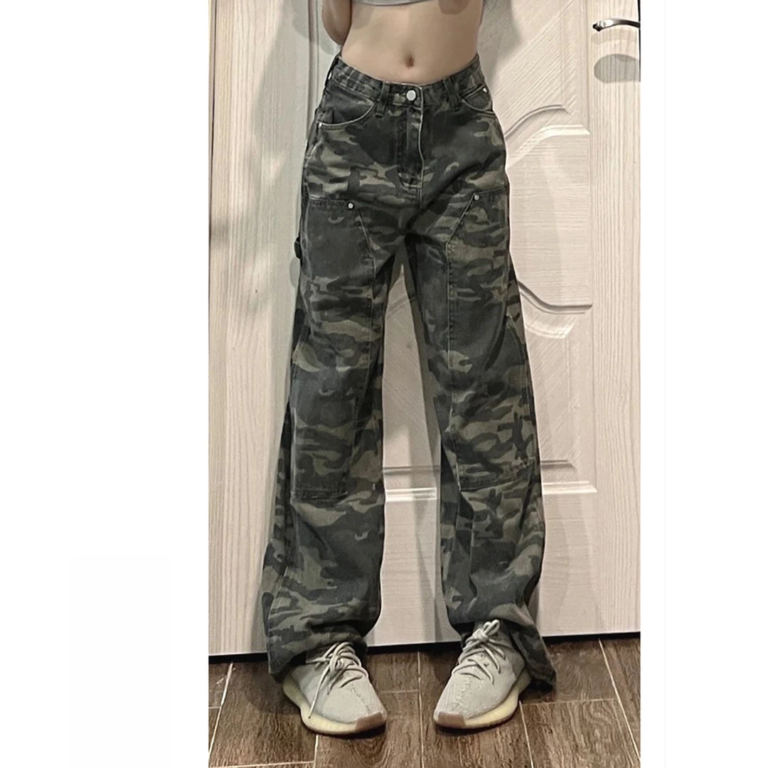 美式迷彩设计感小众阔腿牛仔裤女2025春季新款高腰修身显瘦3700#