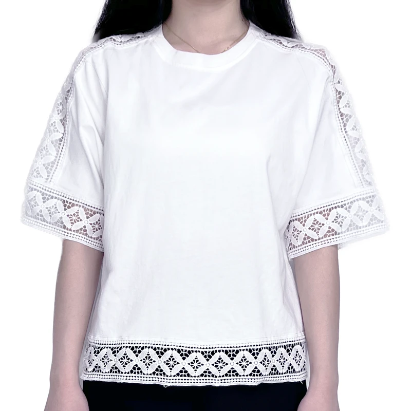 常规纯色镂空套头夏季圆领衬衫女士长袖上衣拼接蕾丝