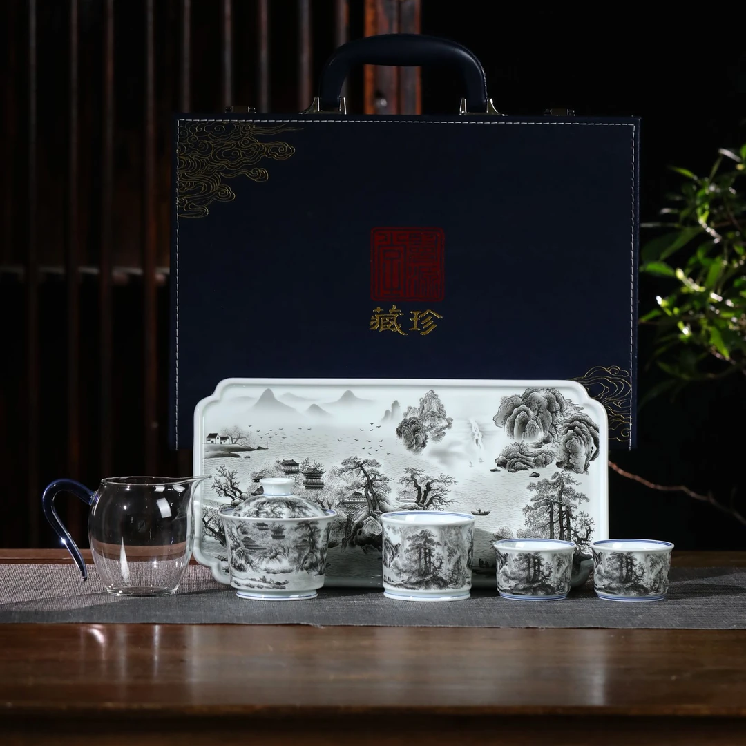 景德镇陶瓷 重工墨彩山水春山图长茶盘6件套组高温送人茶具礼盒装