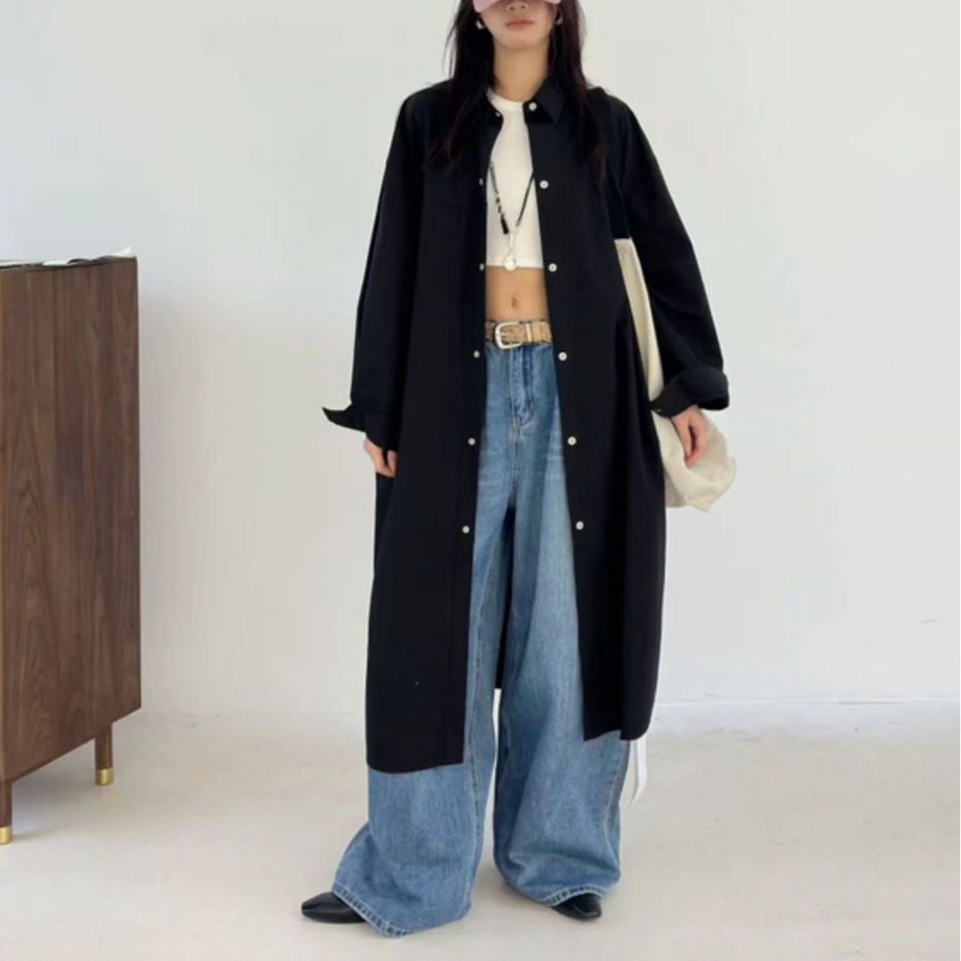 3648号35367#春新款单口袋纯色长款衬衣D2-31a