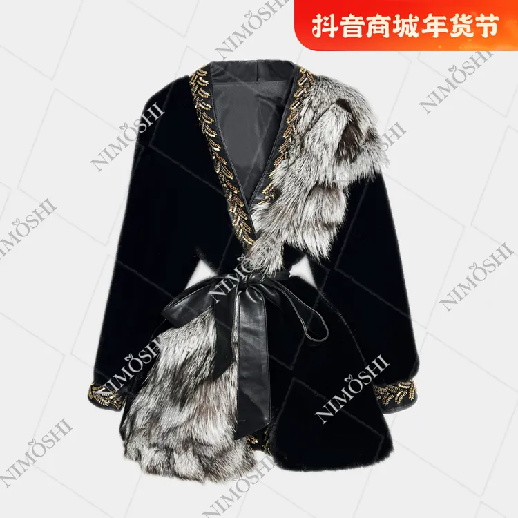 NIMðSHI【总仓】欧式高级中长款皮毛拼接束腰女外套时尚百搭L5110