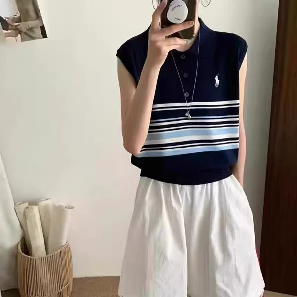 夏季Polo领2025刺绣针织无袖宽松翻领条纹百搭薄款T恤上衣打底衫