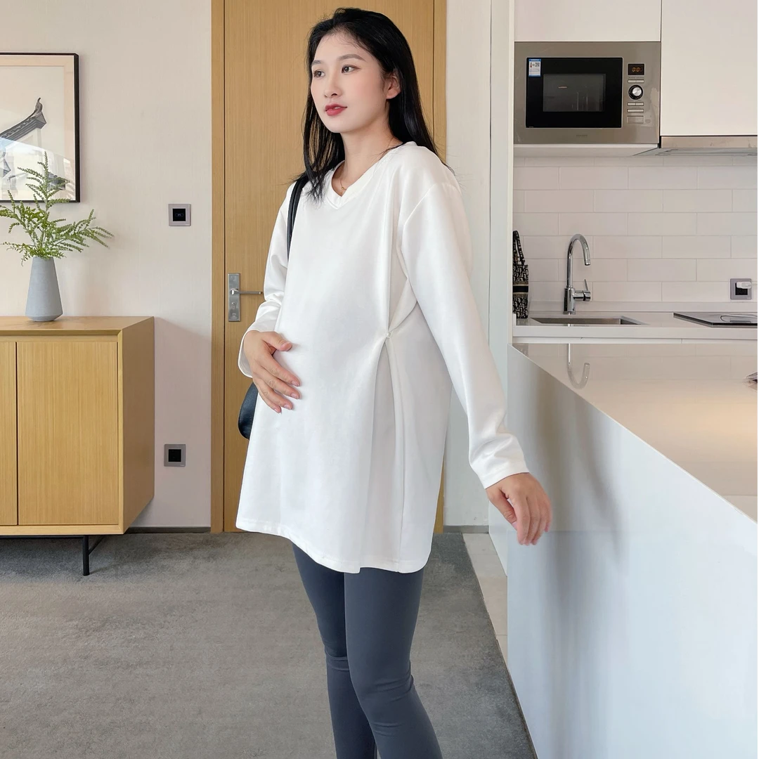 孕妇装女2025新款爆款洋气时尚宽松V领中长款侧开叉长袖T恤上衣