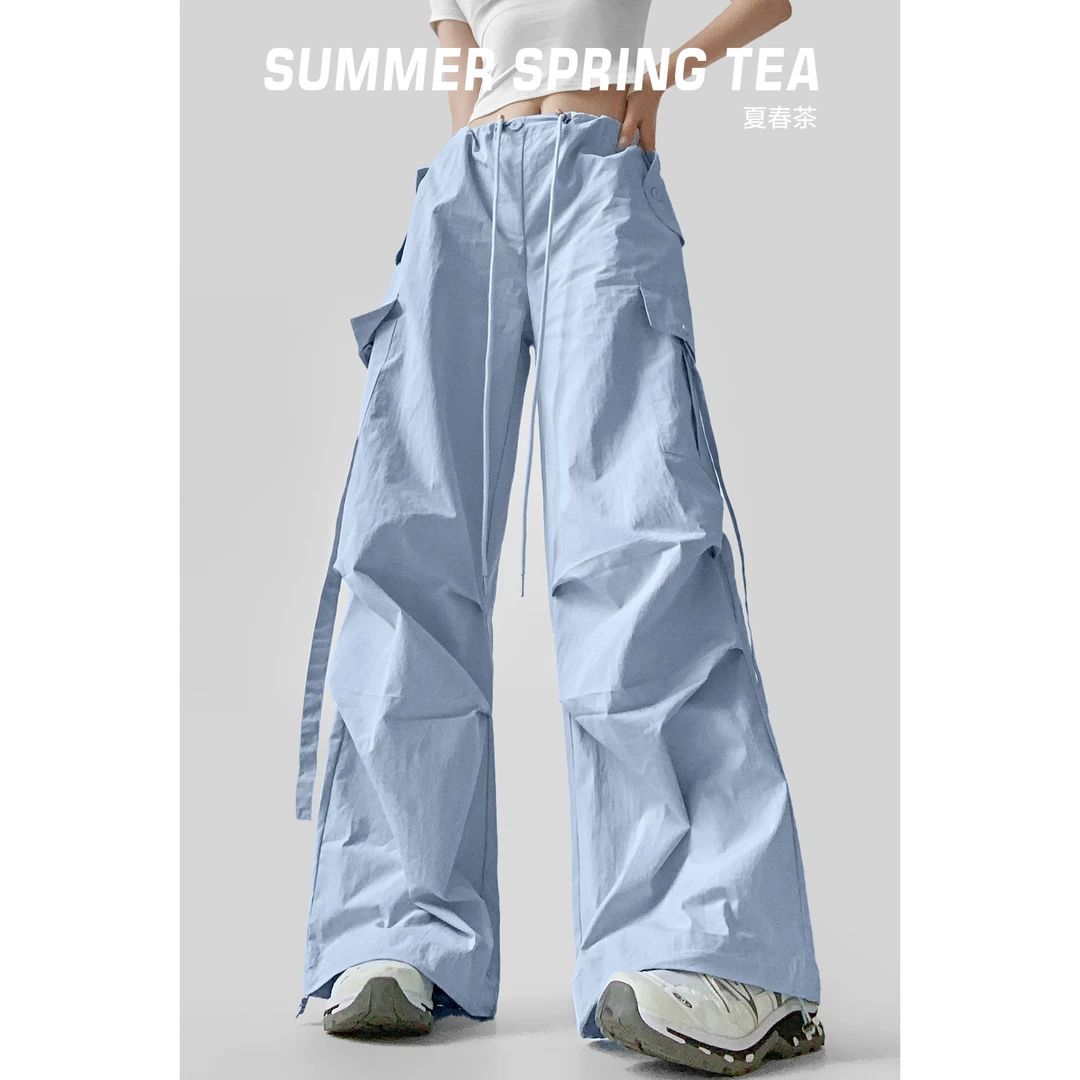【夏春茶】夏季美式街头辣妹宽松多口袋工装裤女飘带运动可束脚