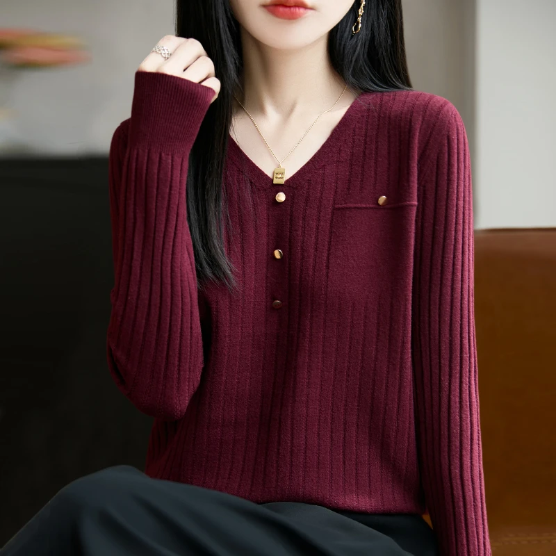 红色上衣女秋装2025新款薄款V领毛衣显瘦百搭春秋宽松针织打底衫