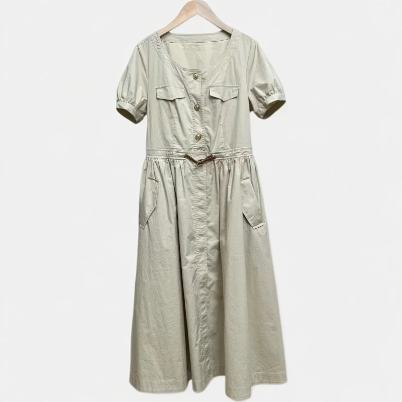 KS丨LI25夏新款复古时尚圆领收腰前开叉百搭连衣裙c7268