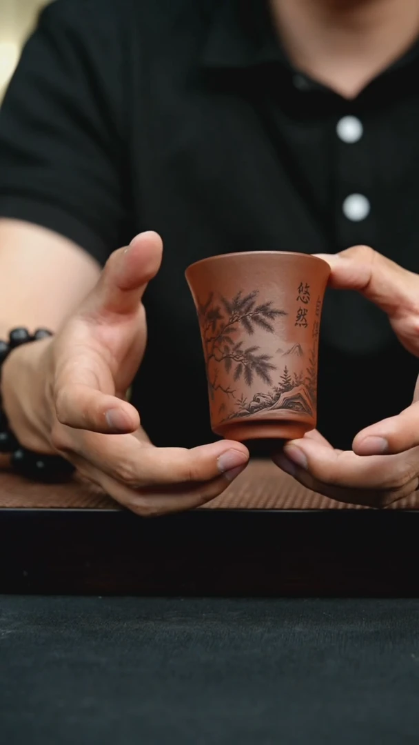 茶壶紫砂原矿刻绘小鸟闻香杯