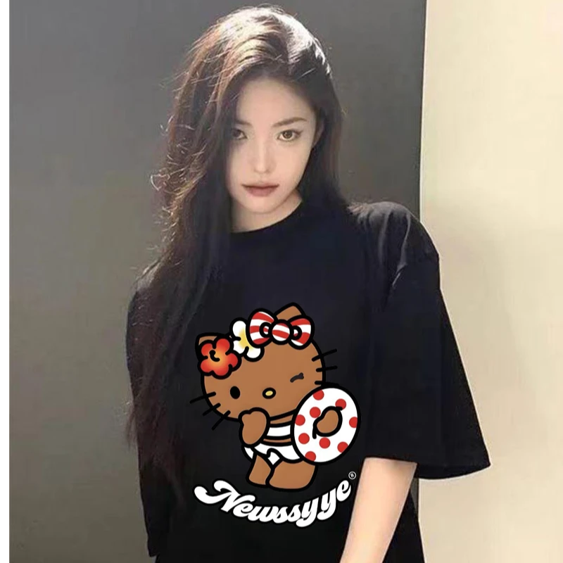 纯棉t恤短袖夏季女宽松卡通情侣百搭学生印花ins黑色时尚圆领女装