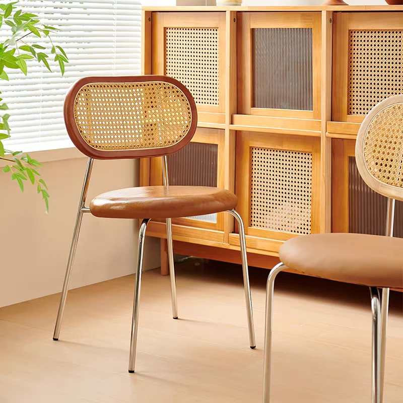 实木奶油风藤编餐椅家用中古餐厅餐桌椅网红复古铁艺奶茶店靠背椅
