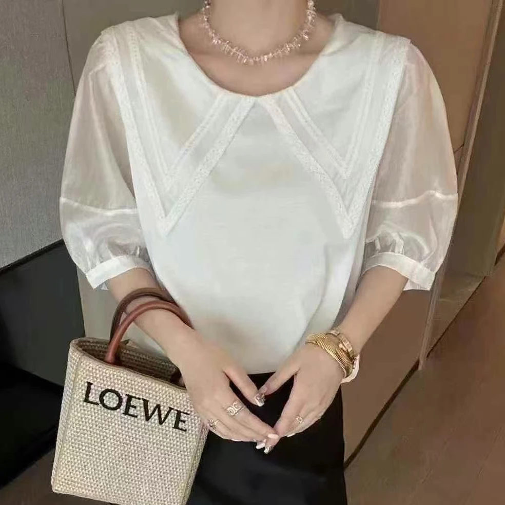 7100#翻领泡泡袖圆领宽松休闲百搭T恤女上衣2025夏季新款减龄小衫