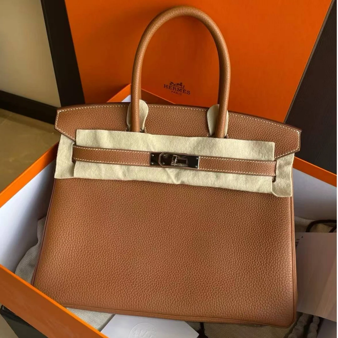 99新 Hermes/爱马仕  蔚蓝/birkin 30 金棕银扣 手提包  C刻