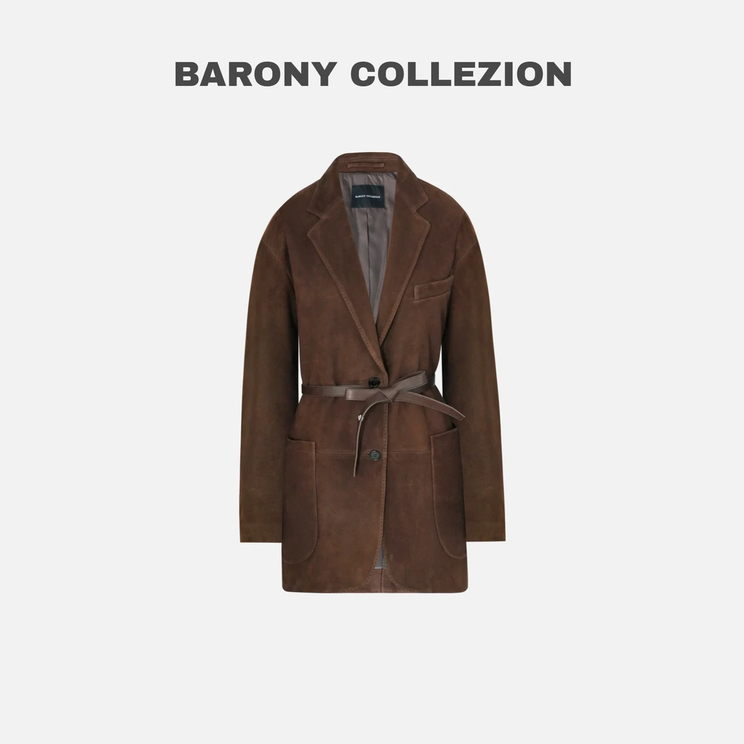 BARONY/【98508】25/26年新款可可棕全绒面西服进口皮外套