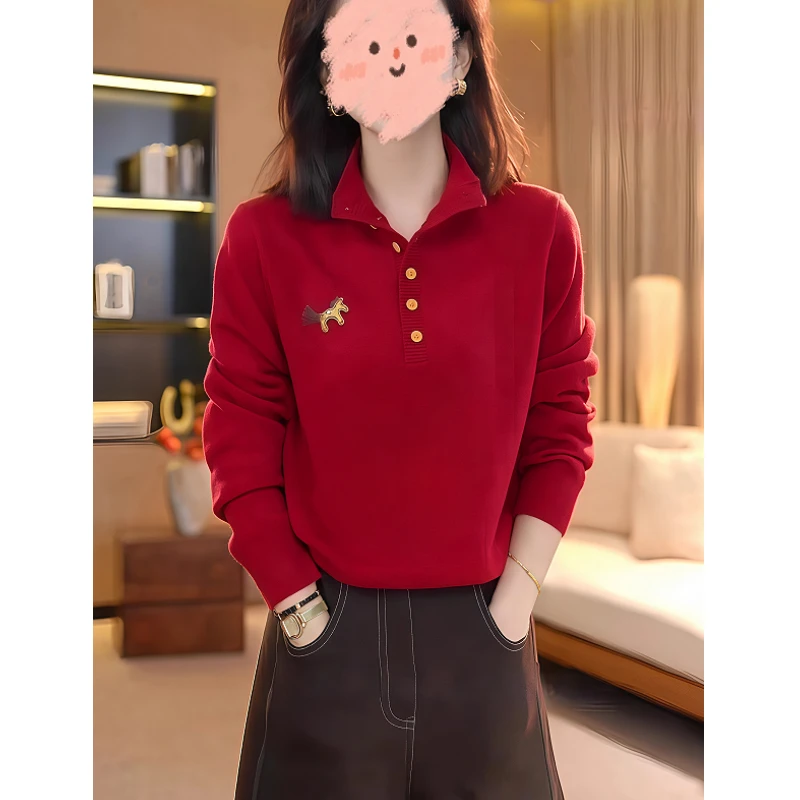 韩系设计感撞色半纽扣小马刺绣针织衫女秋冬季高级感气质百搭毛衣