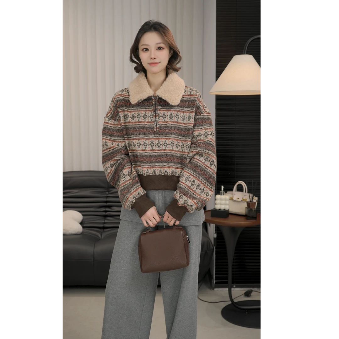 【EVA RYAN】复古设计感羊毛翻领半拉链上衣费尔岛提花 E693