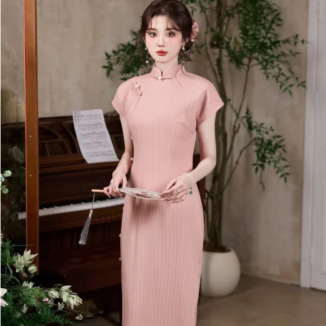 【风清余】2025春夏新款气质丝麻弹力显瘦日常时尚三色旗袍 衣长125