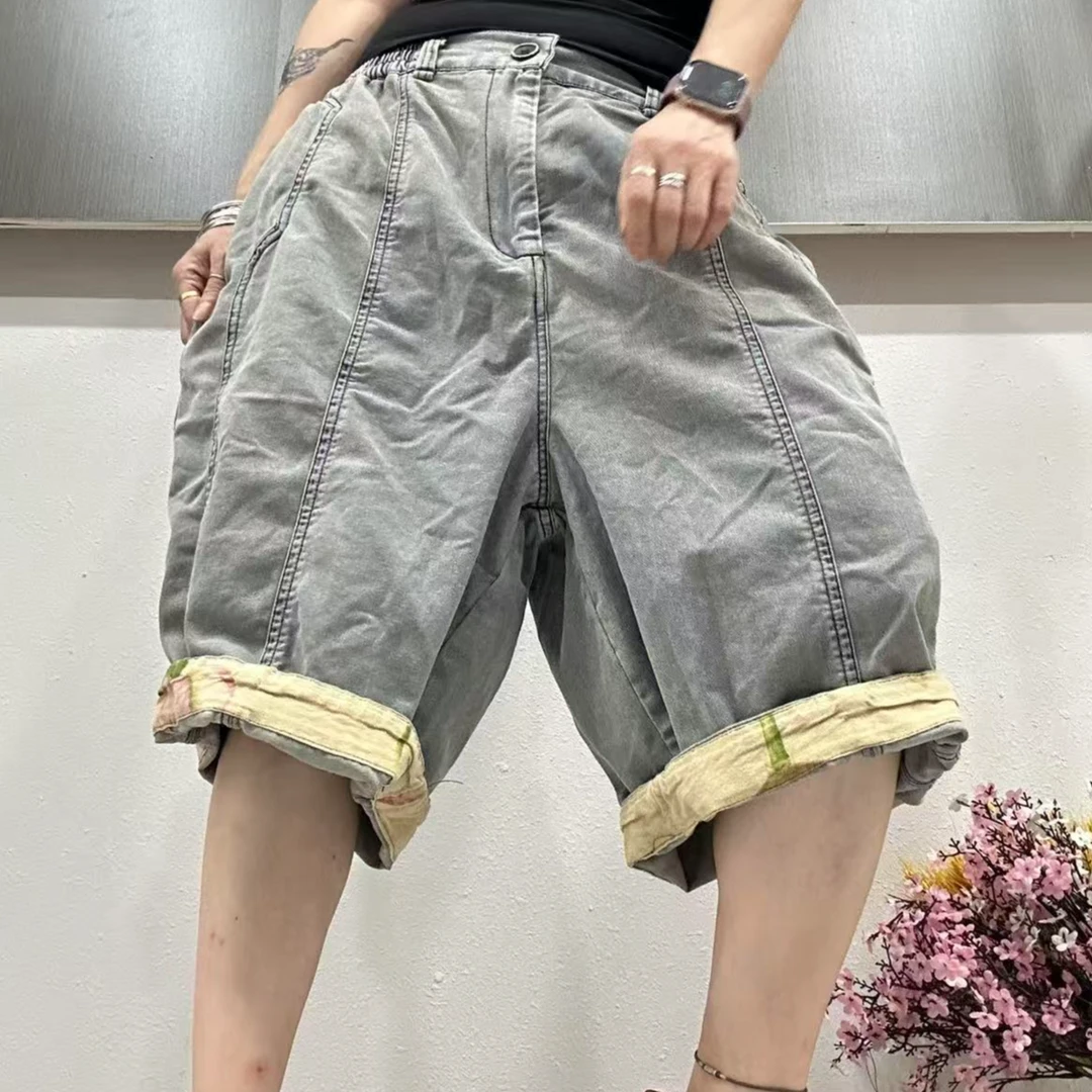 338高货拼接六分牛仔裤