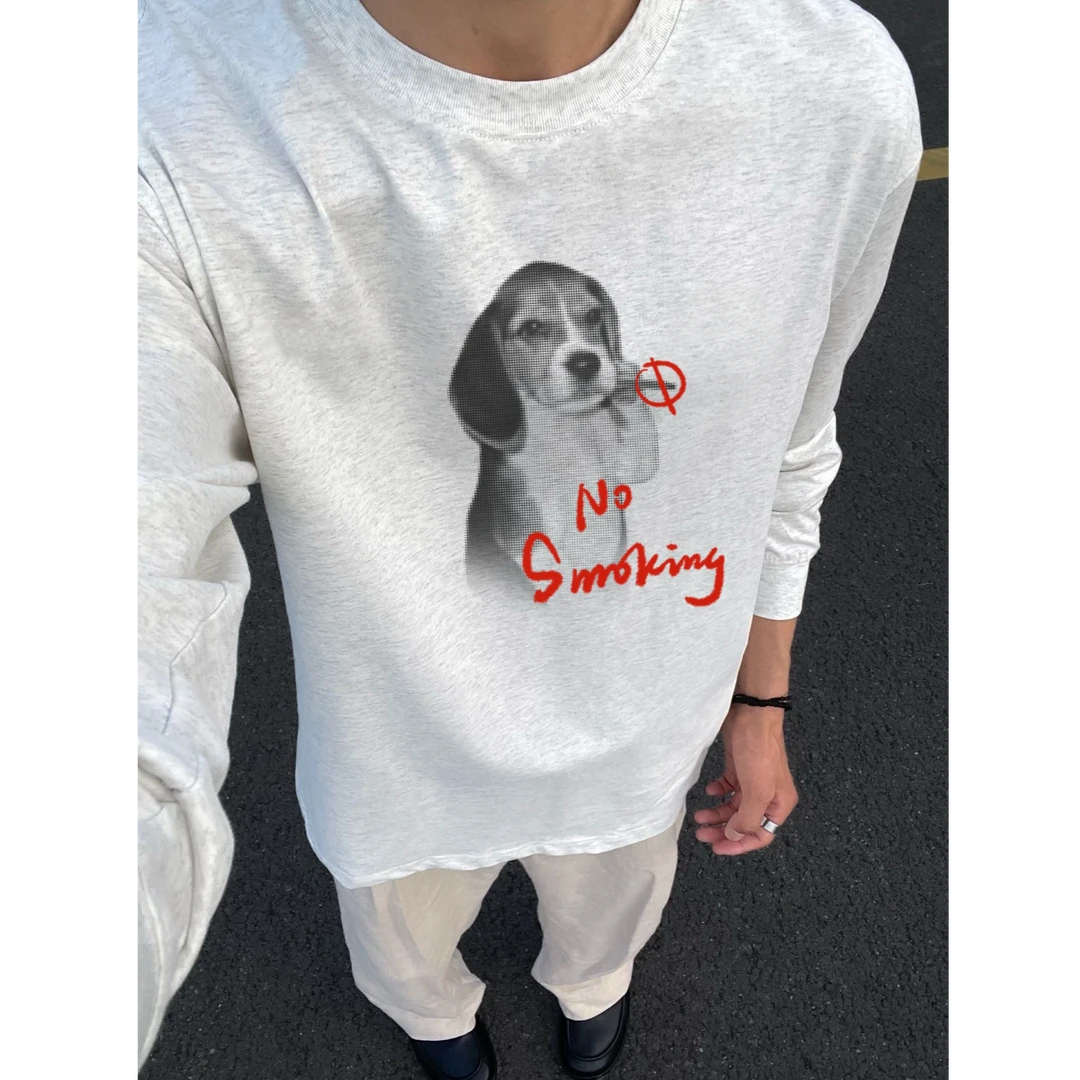 秋冬季美式重磅纯棉长袖t恤男宽松趣味印花oversize圆领长袖打底