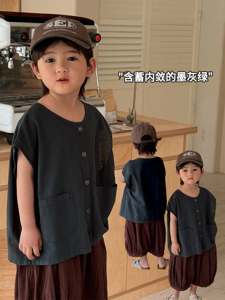 《夏上新》轻薄男童女童圆领口袋落肩短袖LZ124夏季韩版中小童无袖