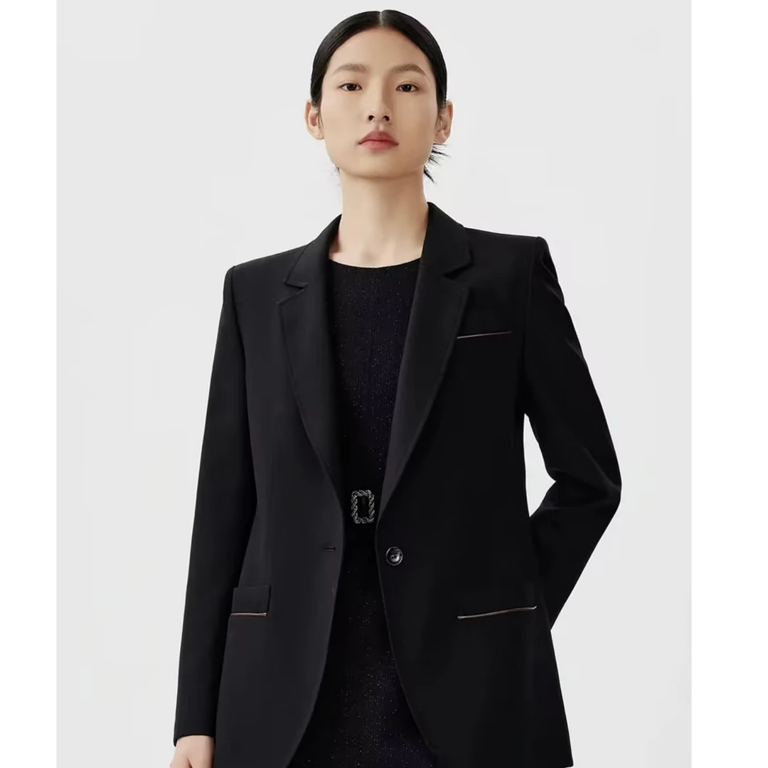 LANCY/朗姿【专柜同款】黑色中长款西装女一粒扣修身收腰外套