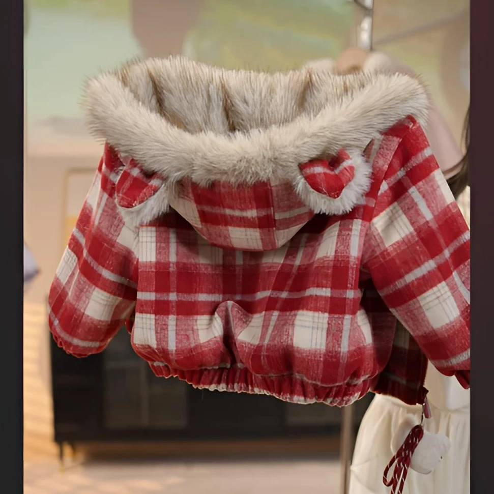 女童红色加绒毛毛衣大衣2025新款秋冬款卡通中长款加厚两面穿外套