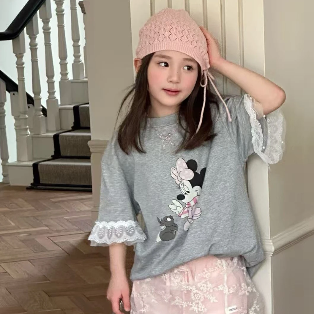 【豪宝贝】2025夏款米妮蕾丝袖边T恤L273