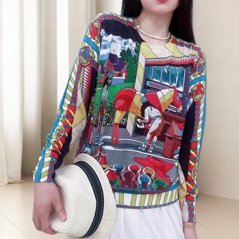 欧美风时尚女装毛衣2025夏季新款多巴胺印花薄款圆领长袖针织上衣