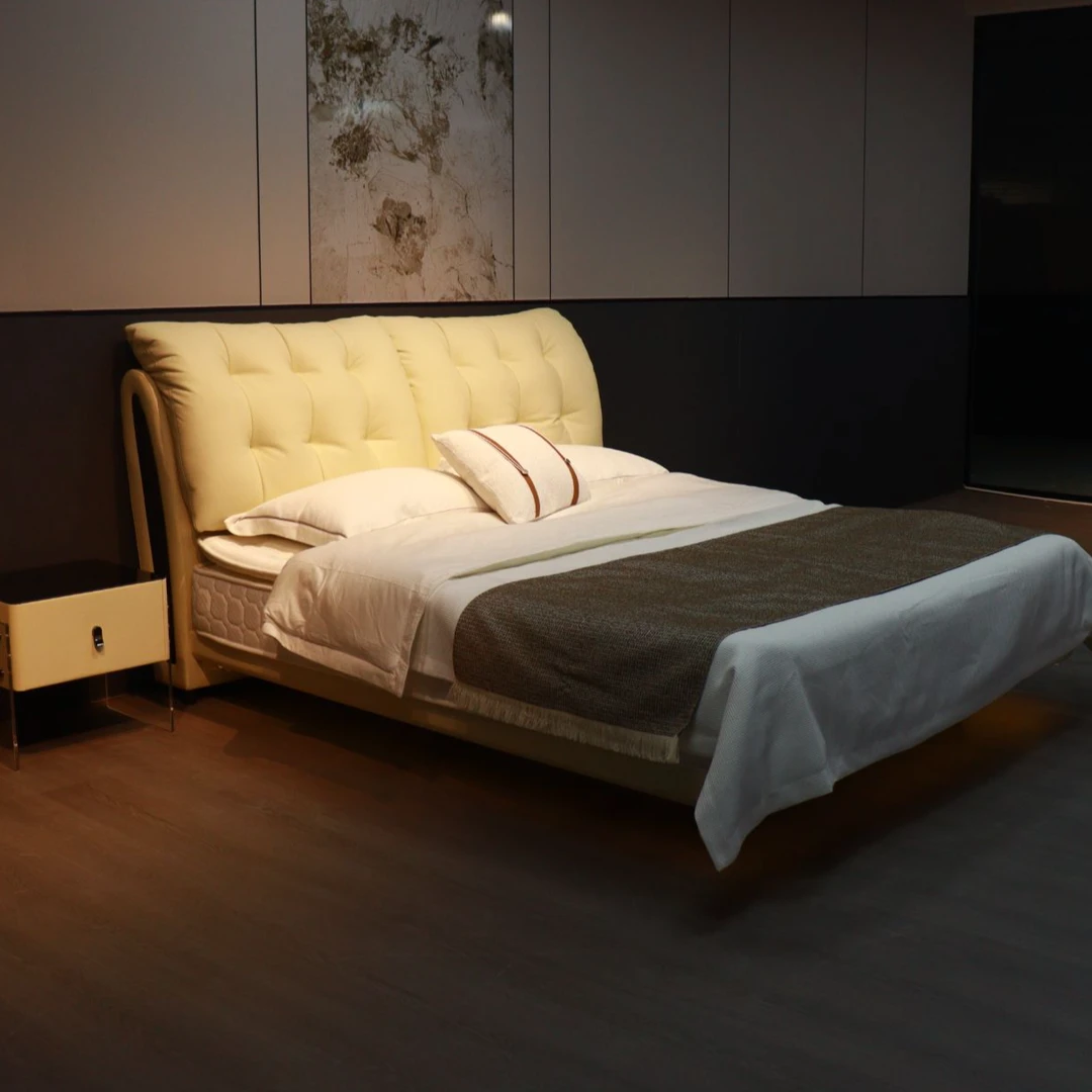 【泡芙床】#698头层牛皮轻奢简约悬浮主卧大床