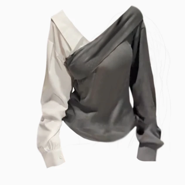 大码胖妹妹高级感撞肩拼接泡泡袖衬衫女2025早春气质翻领长袖衬衣