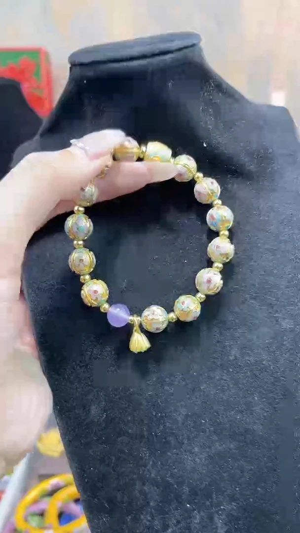 景泰蓝金地瓜棱手串1.0配珠加粉色
