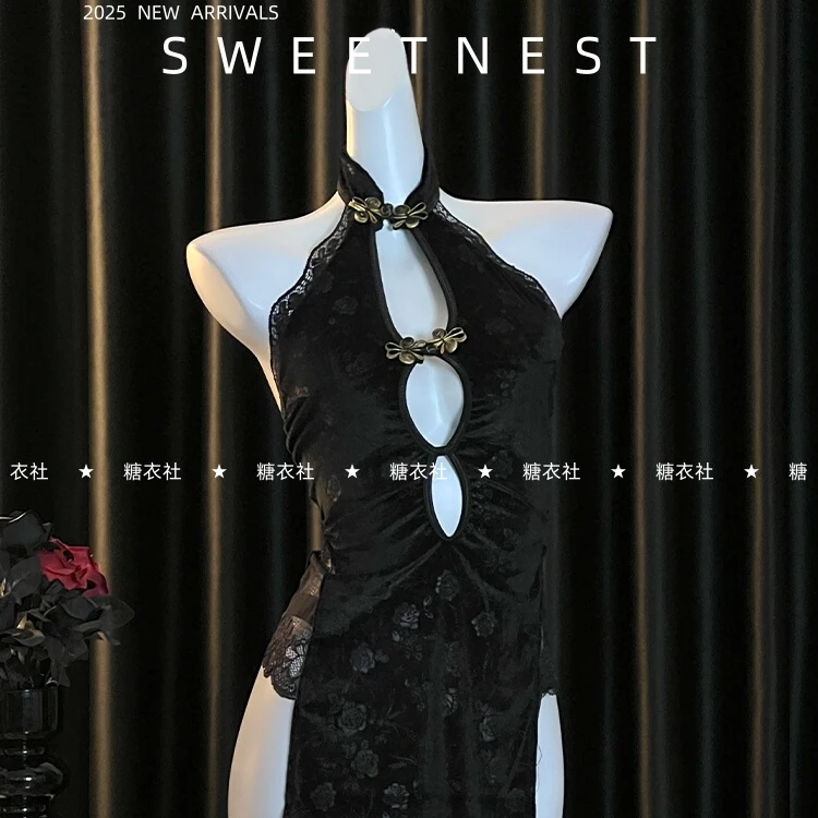 【糖衣社·暗夜玫瑰】古典性感镂空露背丝绒高开叉复古旗袍情调睡裙