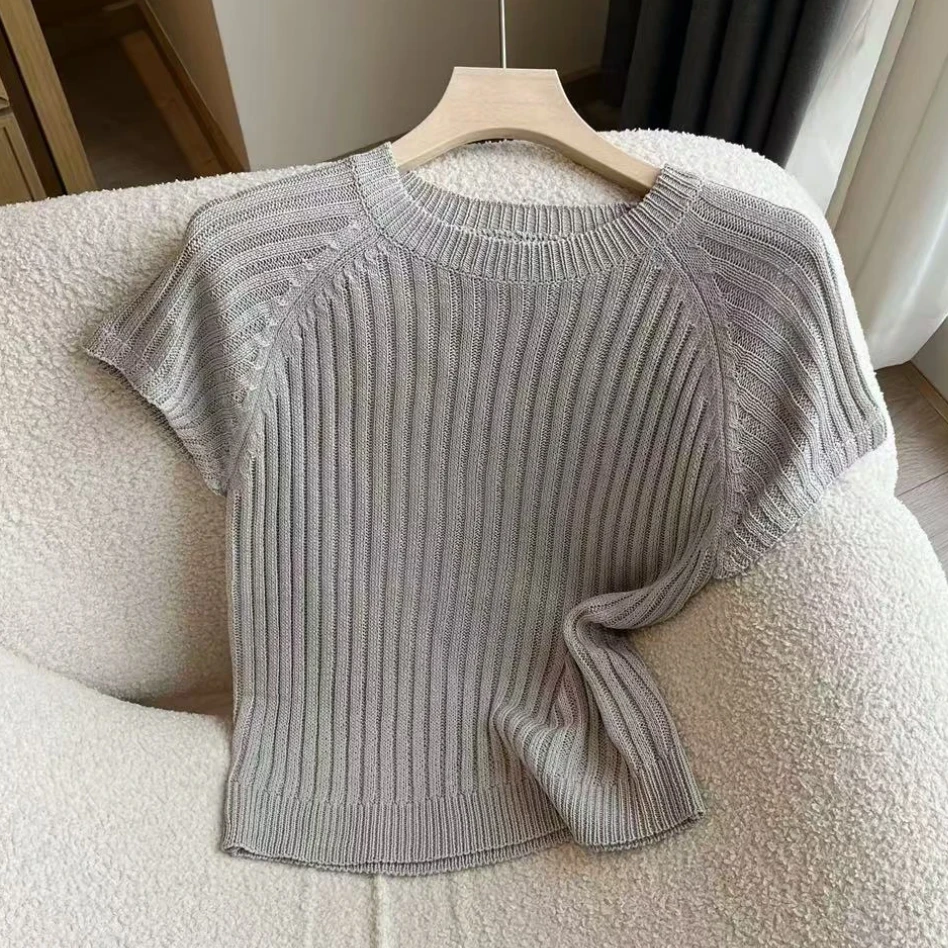 简约设计感圆领纯色短袖针织衫2025夏季新款时尚气质韩系百搭上衣