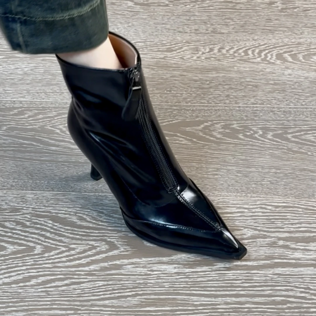 7.5CM头层牛皮短靴冬秋冬不累脚高跟靴高跟冬季时尚细跟尖头女鞋