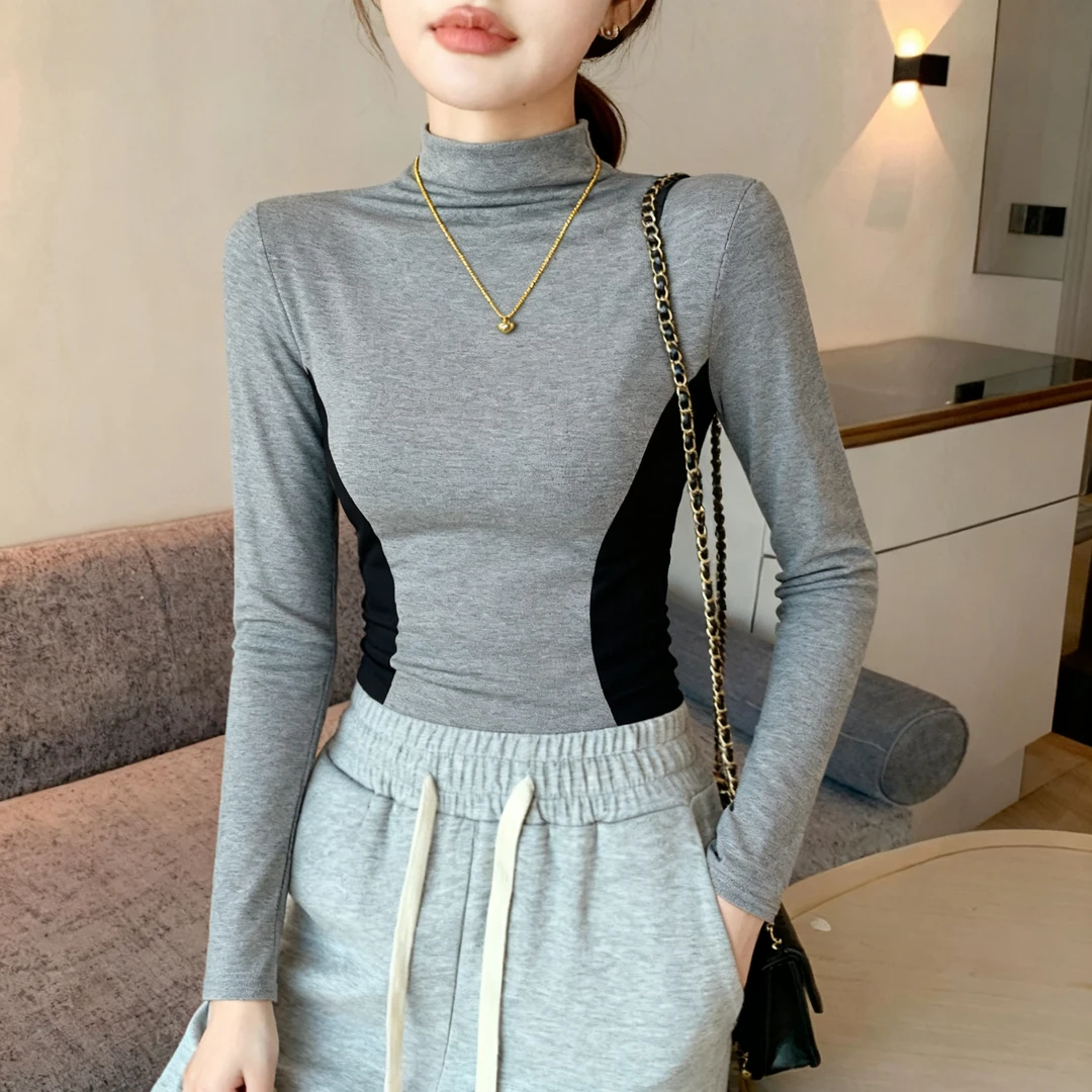 半高领打底衫女内搭秋冬季 2025新款可外穿拼接撞色修身黑色上衣