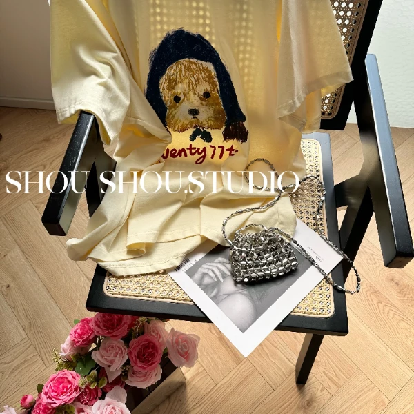 【瘦瘦】油画小狗-大码夏季圆领数码印花显瘦甜美百搭短袖T恤S01559