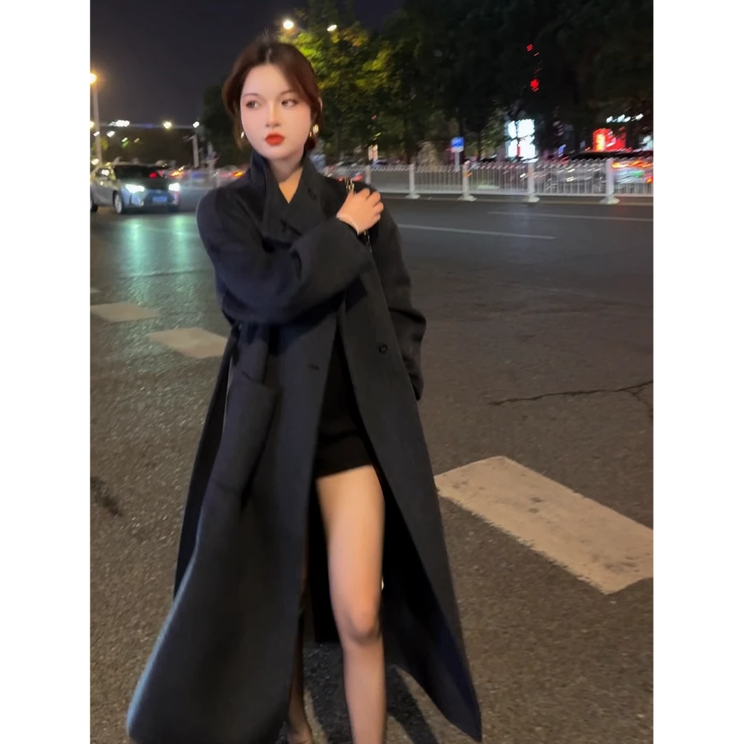 双面大衣女高级感秋冬慵懒风长款立领韩版宽松百搭显瘦厚毛呢外套