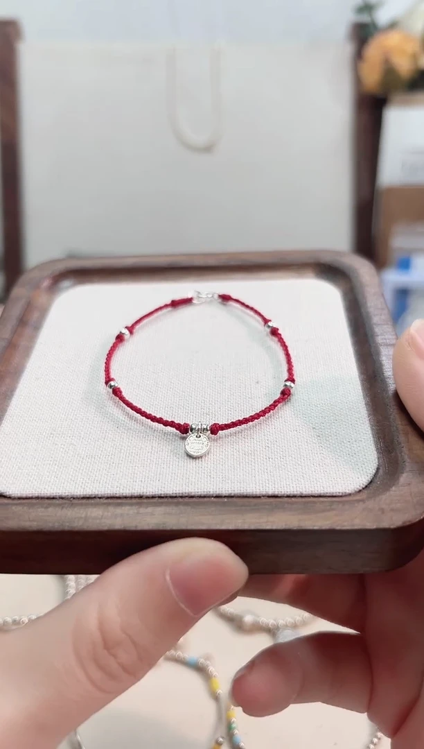 无925银八方吊牌红绳酒红色手链