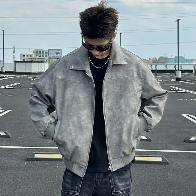 美式复古金属装饰翻领夹克男女百搭宽松做旧情侣工装pu皮外套潮牌