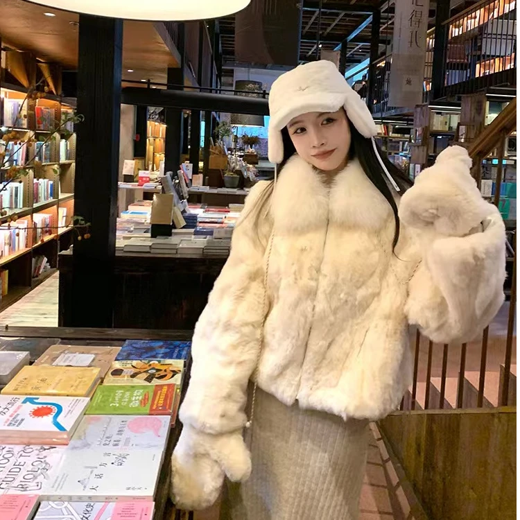 渔小平【小兔纸】奶乖少女獭兔毛拼皮毛绒保暖冬季宽松外套狐狸毛领