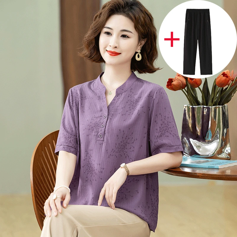 中年妈妈夏季妈妈装短袖t恤女夏装小衫中老年女薄上衣气质套装