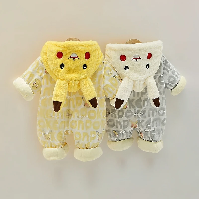 男女宝宝婴儿长袖连体爬服皮卡丘外出衣服厚棉加绒贴身秋冬季哈衣