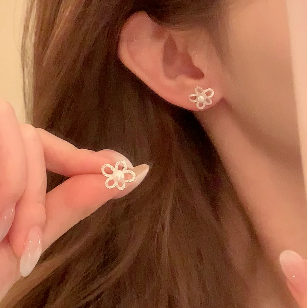 芒果饰品 铜合金锆石耳饰 夏日甜美闪锆花朵珠珠耳环女百搭耳饰
