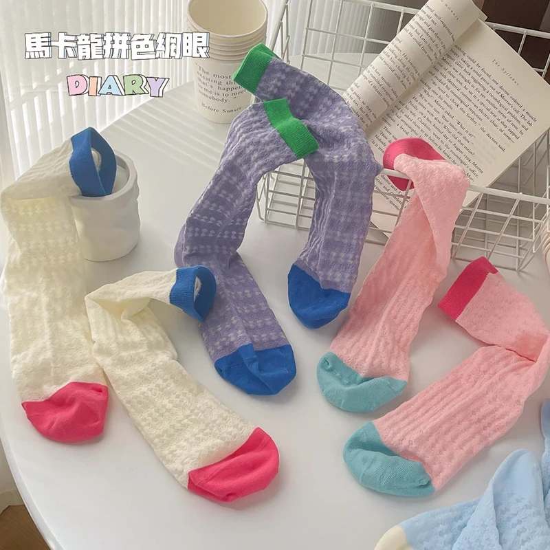 马卡龙拼色网眼长袜子女夏季薄款韩国学生凉鞋中筒袜网红款ins潮