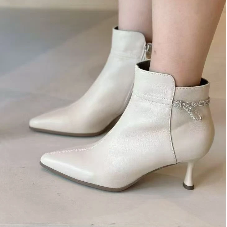 细跟水晶羊皮短靴米兰4005米色