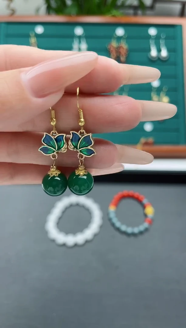 【闪购商品】玛瑙/玉髓耳饰银S925镀金镶嵌8822绿蝴蝶