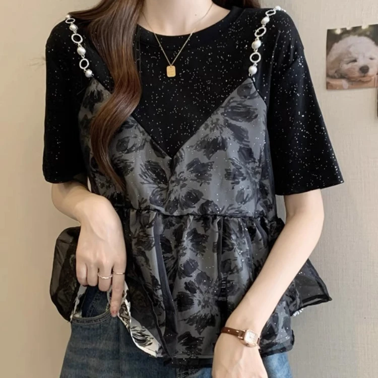 设计感洋气假两件短袖t恤女2025夏大码胖mm遮肚显瘦洋气衣服女