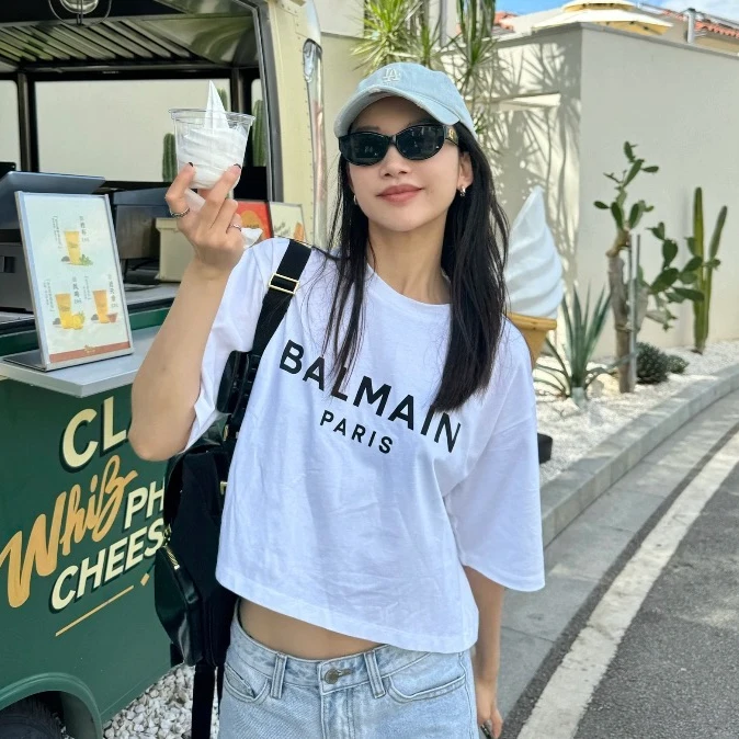 99新 BALMAIN/巴尔曼 GW0287 白色logo字母印花棉质短袖T恤 XS码
