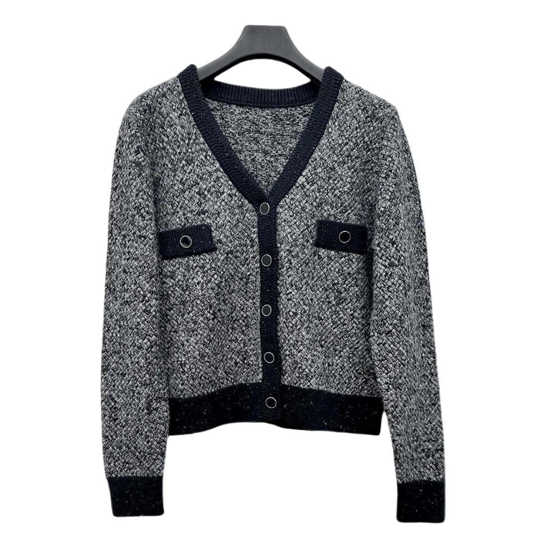 MAOKAI女装小香风复古V领格纹开衫针织衫M23483504