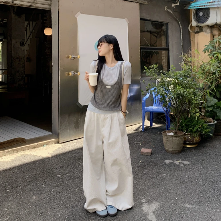 慵懒时尚白色洗水休闲裤女款夏款长裤宽松垂感阔腿裤百搭拖地长裤