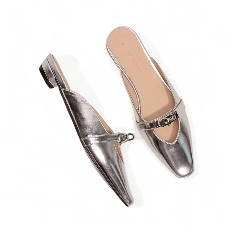 【1】2025夏季新款包头外穿鞋女小方头金属锁扣镂空平底半拖鞋 3686