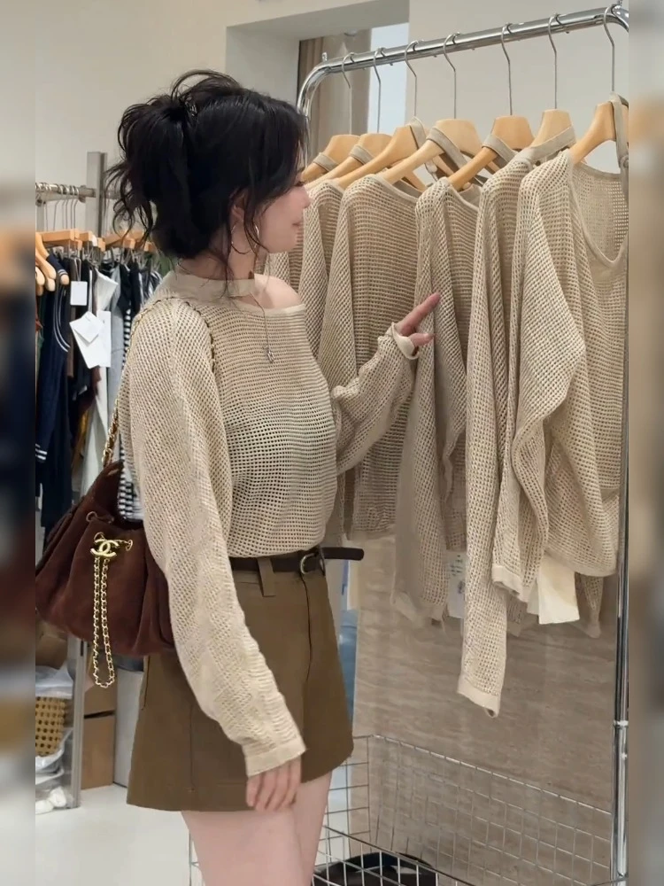 早秋氛围感穿搭法式小资别致绝美杏色网织镂空针织罩衫长袖上衣女